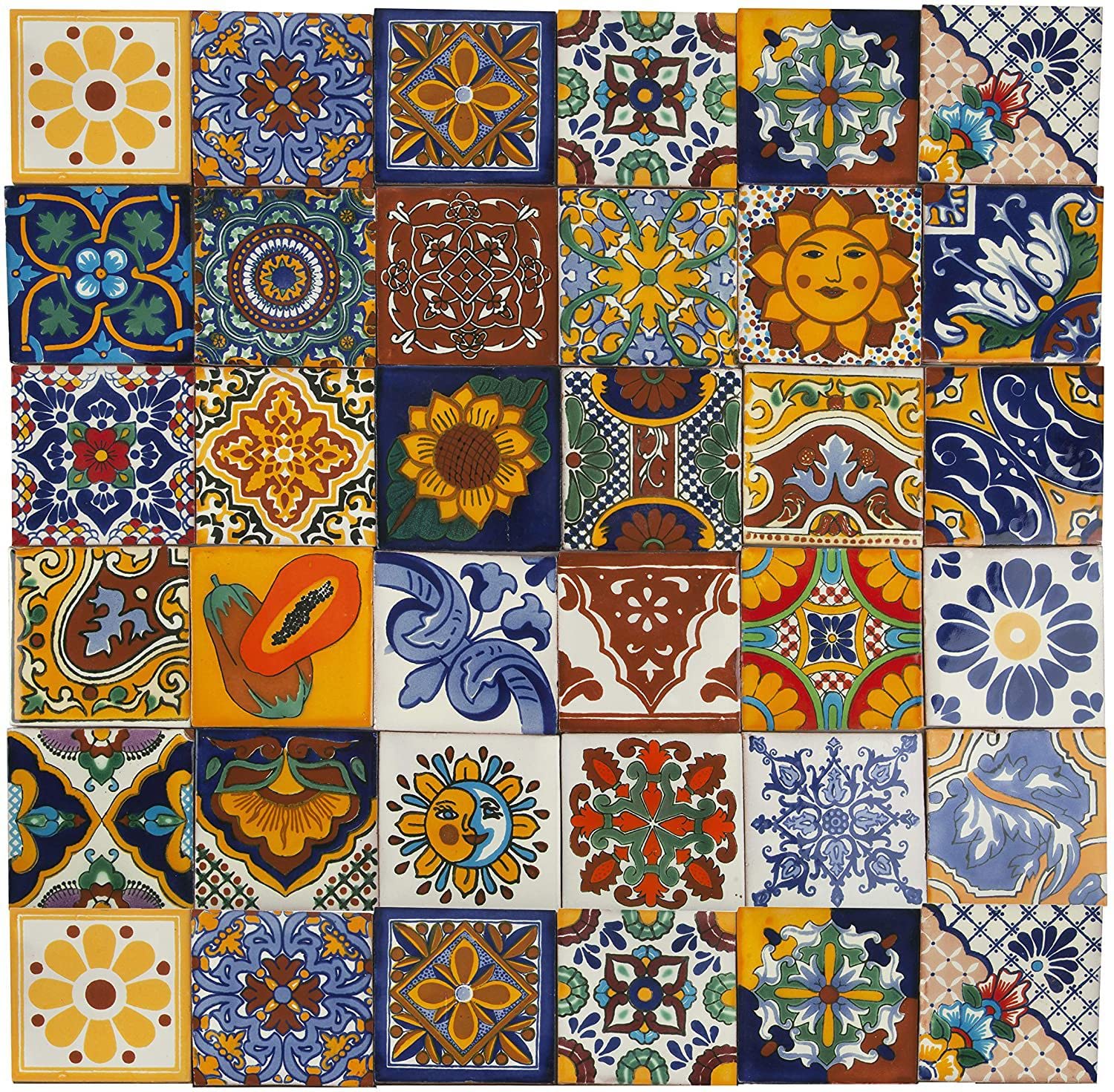 Mexican Ceramic Tiles - Conrado by Cerames - 30 Decorative Mexican Mosaic Tiles for Bathroom, Kitchen, Shower, Stairs, Living Room, Kitchen backsplash | Mexican Tiles backsplash 10,5x10,5 cm