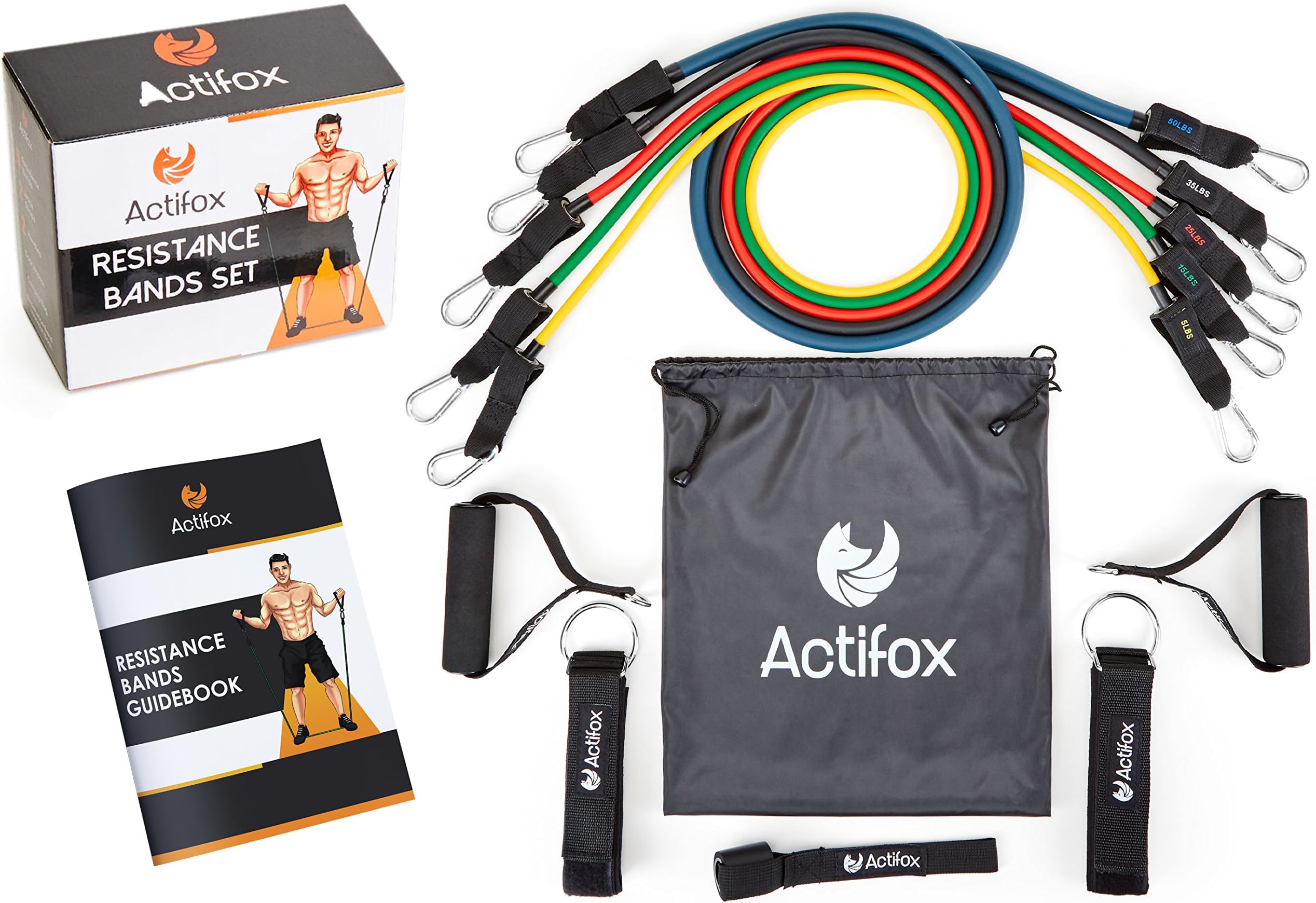 Actifox Resistance Band Set Portable Gym Set for Weight Exercise, Fitness Workout, Yoga – 5 Stackable Bands (5–130lbs), Ankle Straps, Handles, Door Anchor, Bag, 80 Exercises Book (Paperback)