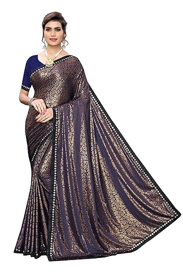Lycra Golden Flower Print Saree With Blouse Piece