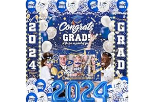 DMIGHT Blue Graduation Party Decorations Class Of 2024 Graduation Party Supplies with Grad Backdrop, Porch Sign with Led-Light Strips, Photo Booth Props,2024 Foil Balloons for Graduation Party