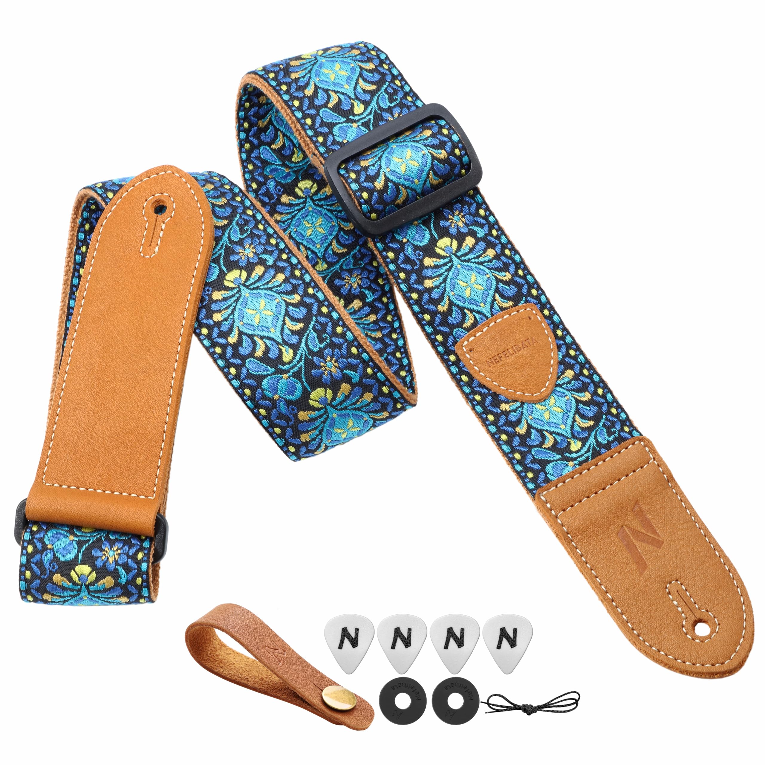 Nefelibata Guitar Strap,Double leather ends,Vintage Woven W/FREE BONUS-4 Picks+Strap Locks+Strap Button,Best Gift For Bass,Electric&Acoustic Guitars for Guitar(Vintage blue yellow embroidery)