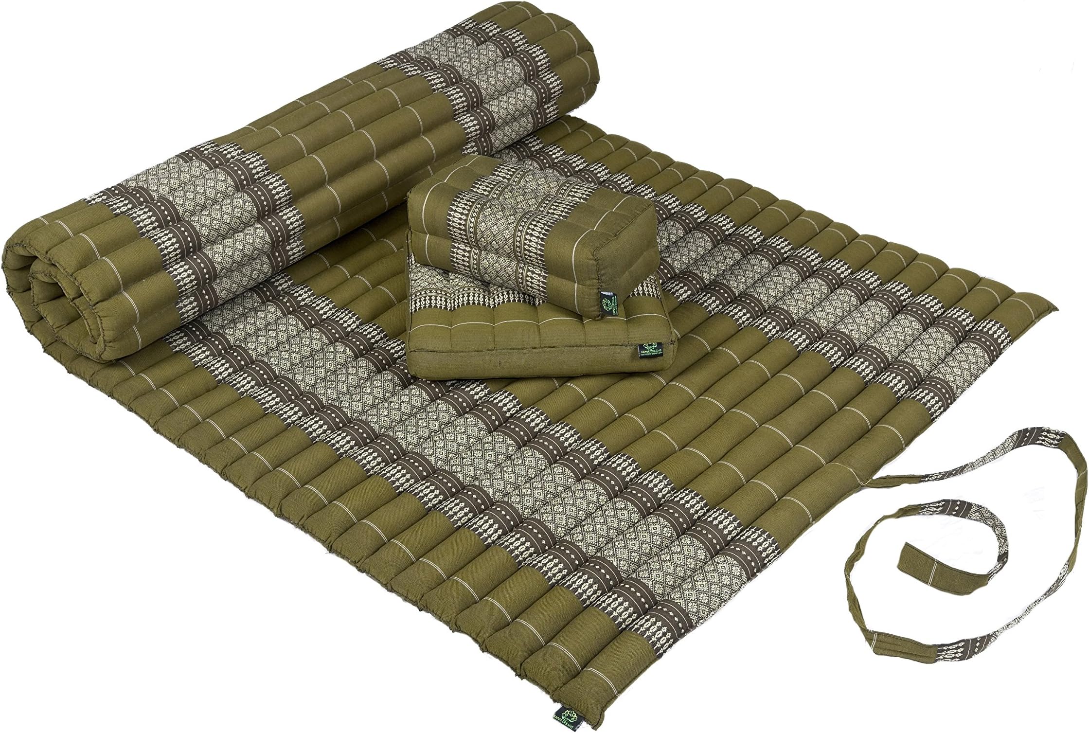 Kapok Dreams Yoga & Massage Set: Kapok Mat 39x79+ Block Cushion + seat Cushion. 100% Kapok Filling (Natural & Sustainable Plant Fibre). Rollable Mat + Pillows, Bamboogreen