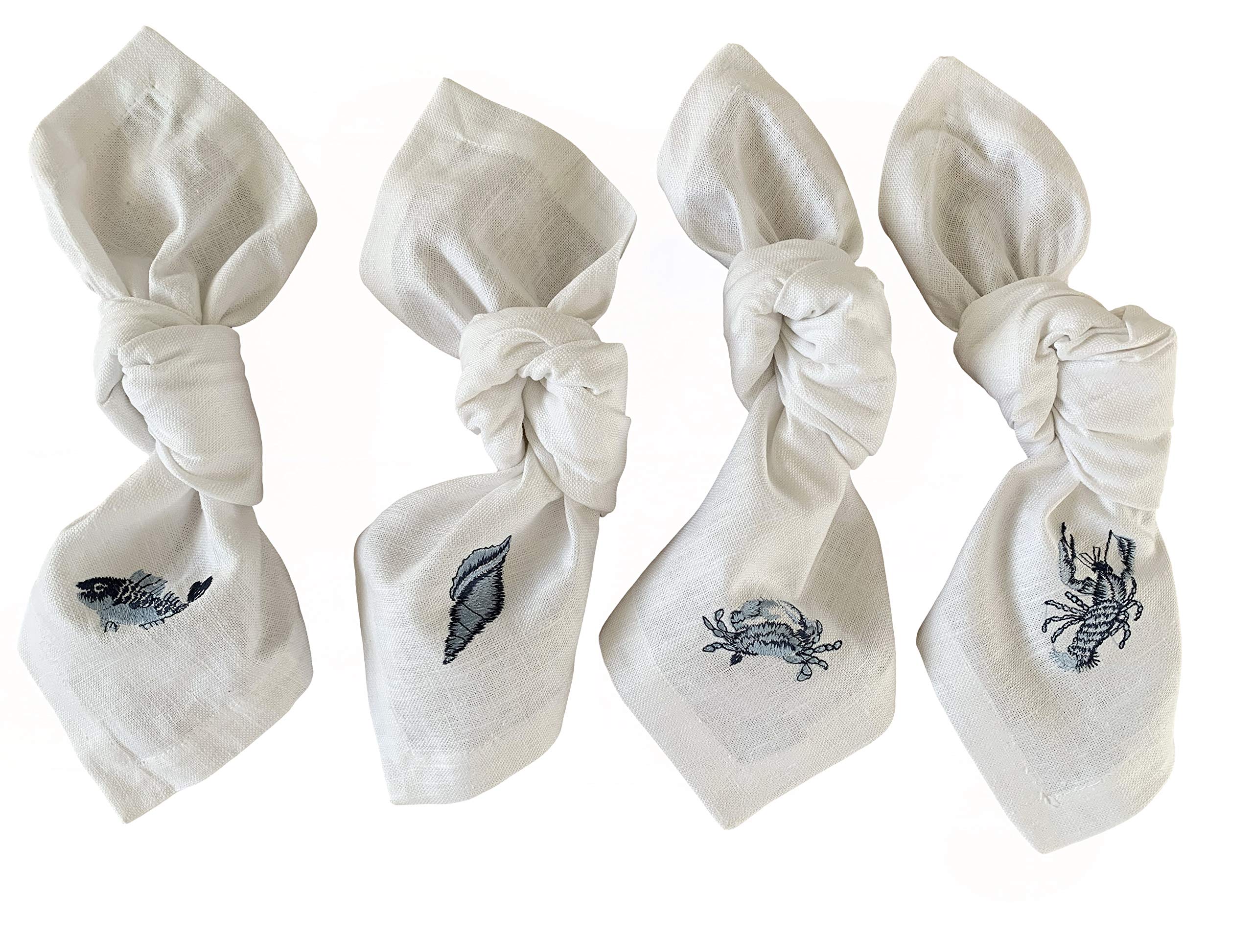 Eight Owls Cloth Napkins, 100% Linen, Square, White, 4, Nautical Marine Embroidered