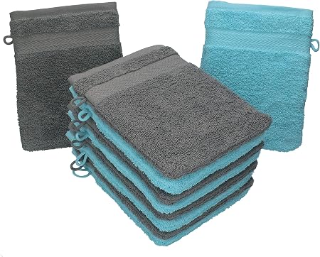 Lot De 10 Gants De Toilette Premium Gris Anthracite Et Bleu Turquoise Taille 16x21 Cm
