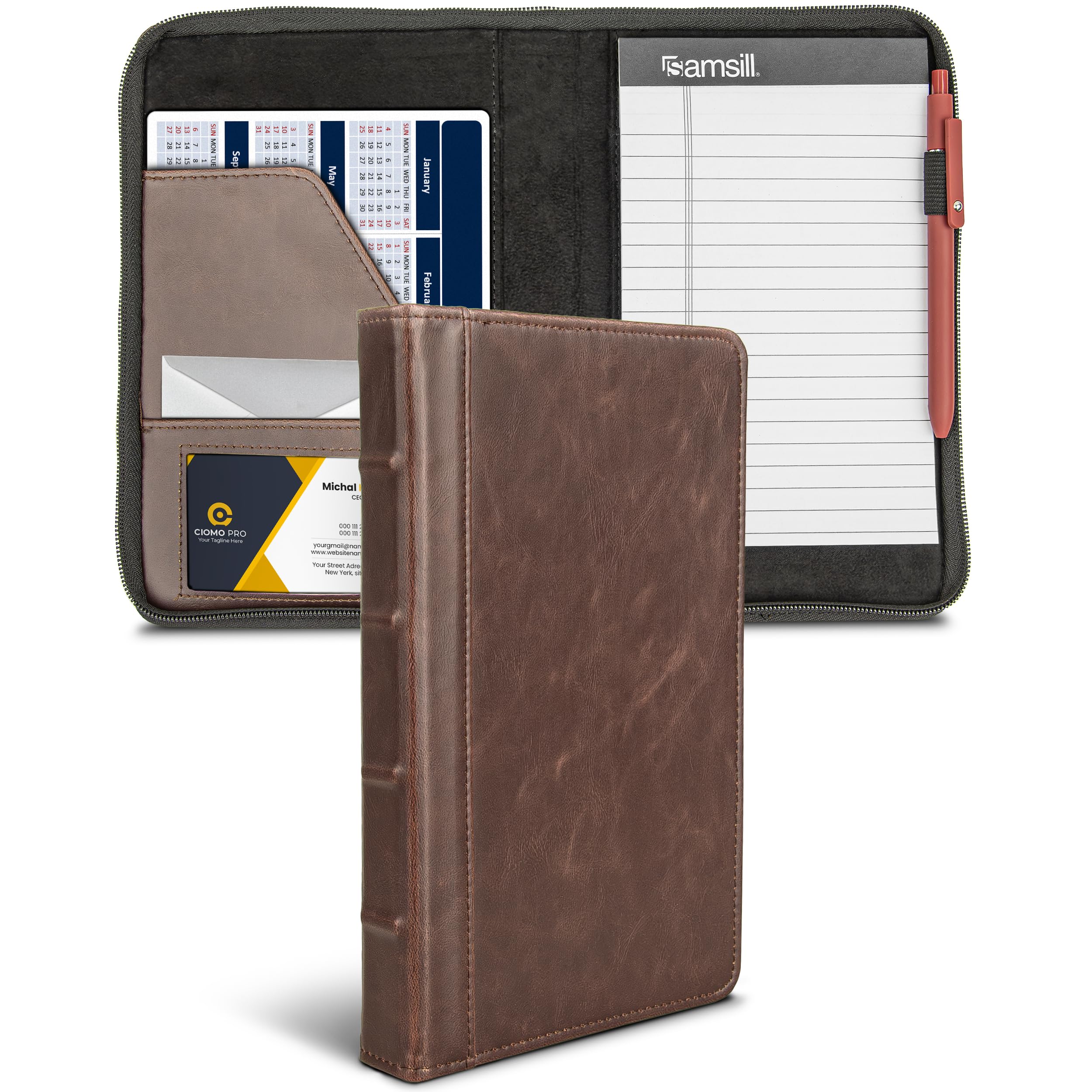 Samsill Small Vintage Portfolio/Zipper Faux Leather Portfolio, Book Style Hardback Design, Business & Interview Padfolio Organizer, Holds 5 x 8 Writing Pad, Dark Brown