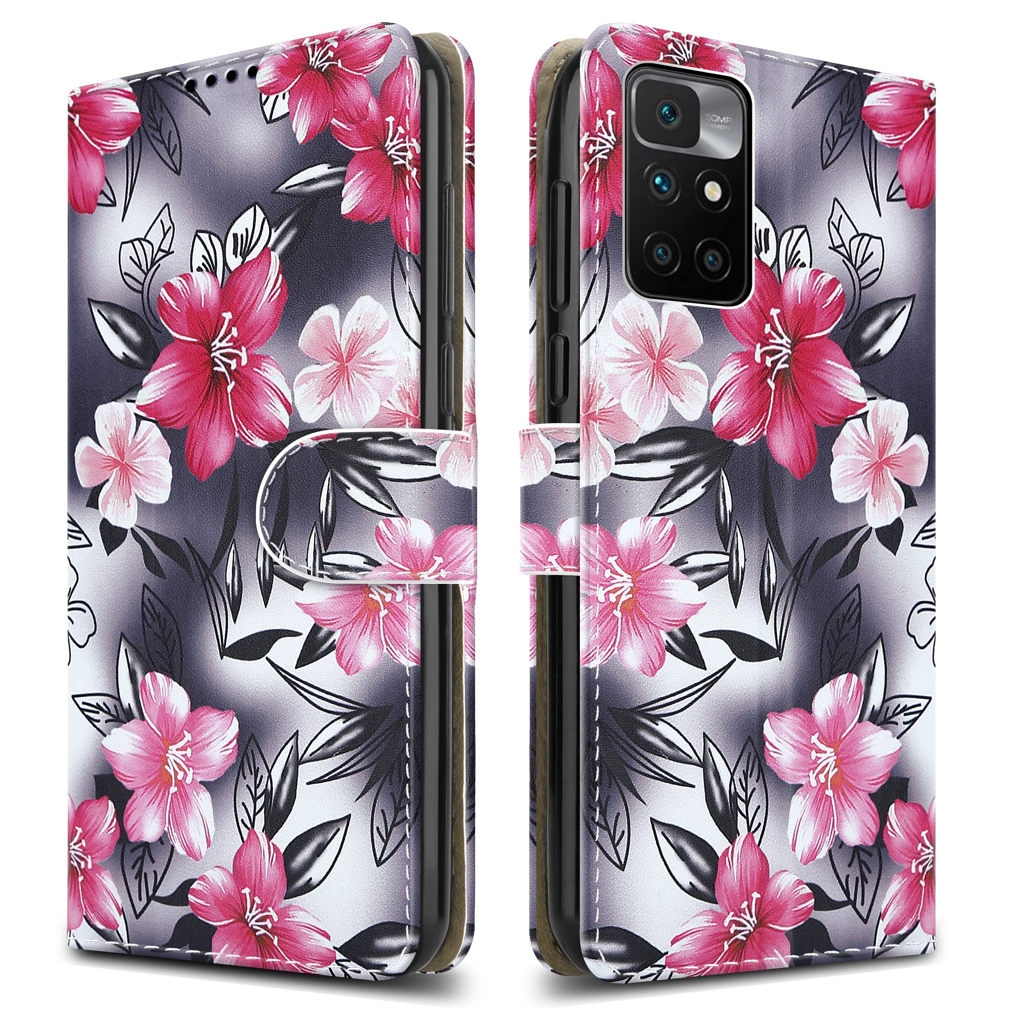 For Xiaomi Redmi 10 Leather Phone Case, Magnetic Closure Full Protection Book Folio Design, Wallet Case Cover [Card Slots] and [Kickstand] For Xiaomi Redmi 10 (4G) - Flower Print