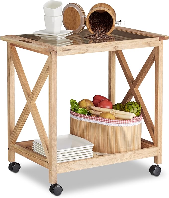 Relaxdays Wooden Kitchen Cart with Wheels, Serving Trolley with Glass