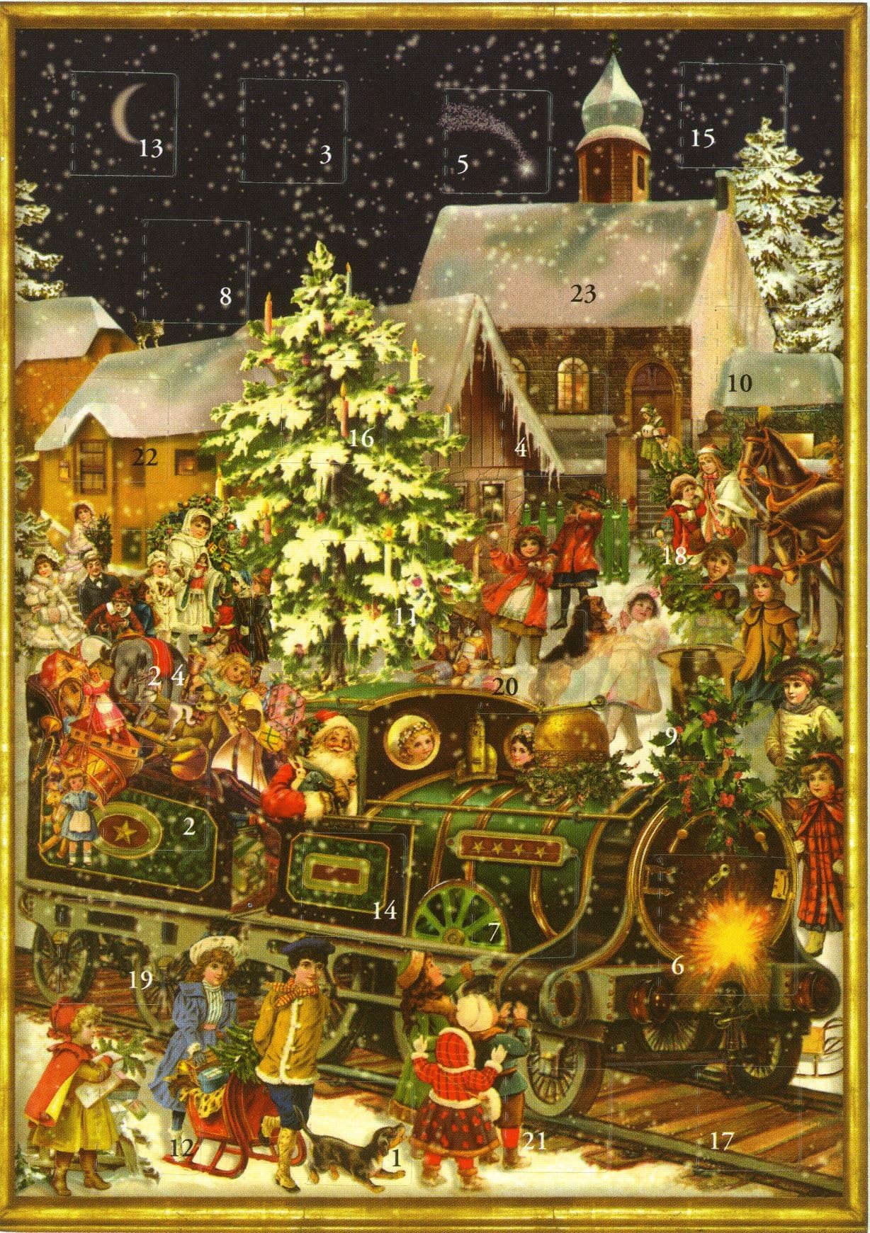 Mini Advent Christmas Card 24 doors 105 x 155 mm blank with envelope Snowscence santa Train - 491 - traditional German Design