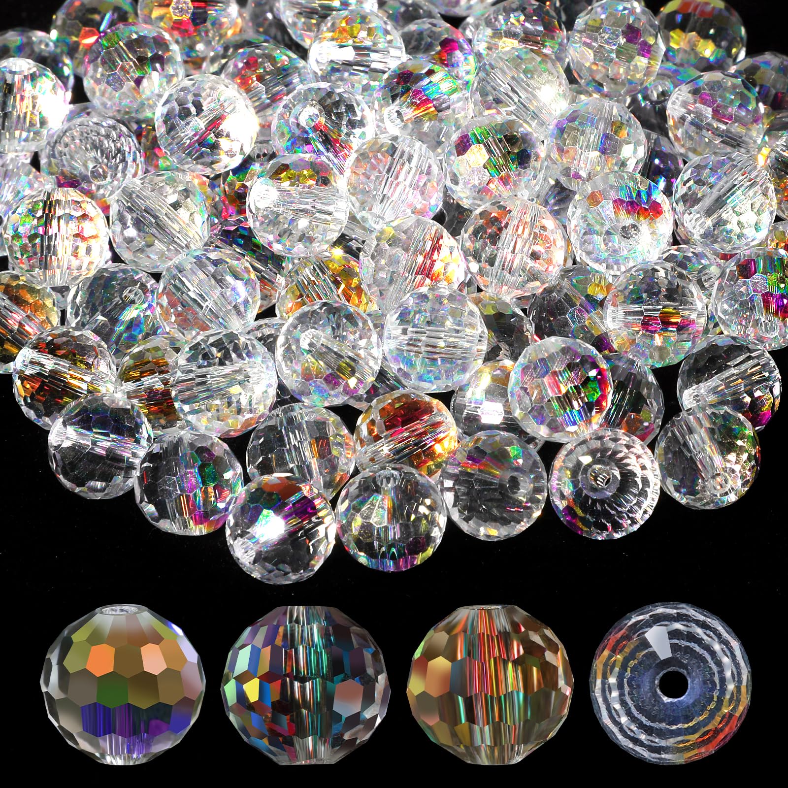 100pcs Large Briolette Crystal Glass Beads for Jewelry Making, Shiny AB Color 10mm Round Faceted Sparkling Rondelle Spacer Beads