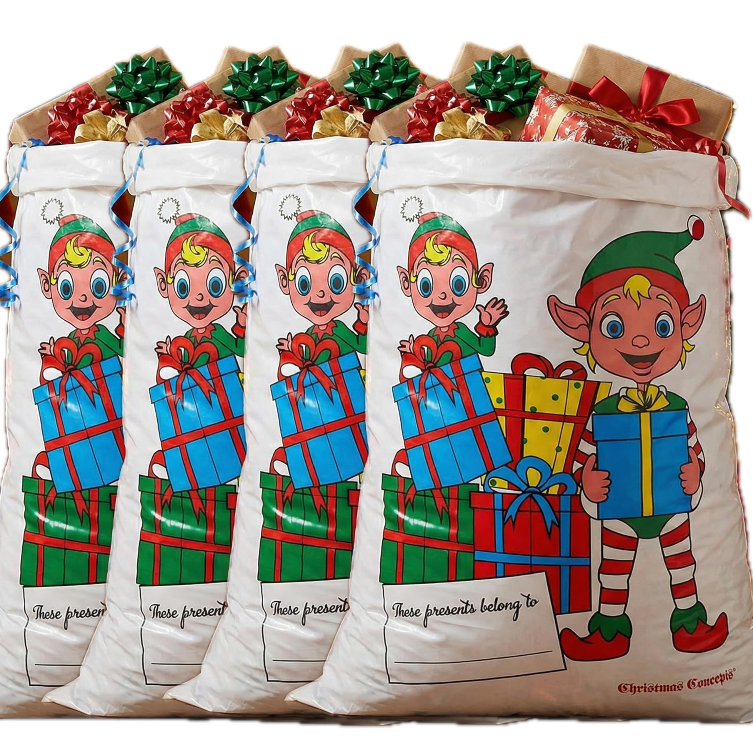Christmas Concepts® Pack Of 4-750mm (30") Plastic Giant Santa Sacks - Christmas Stockings (Elf)