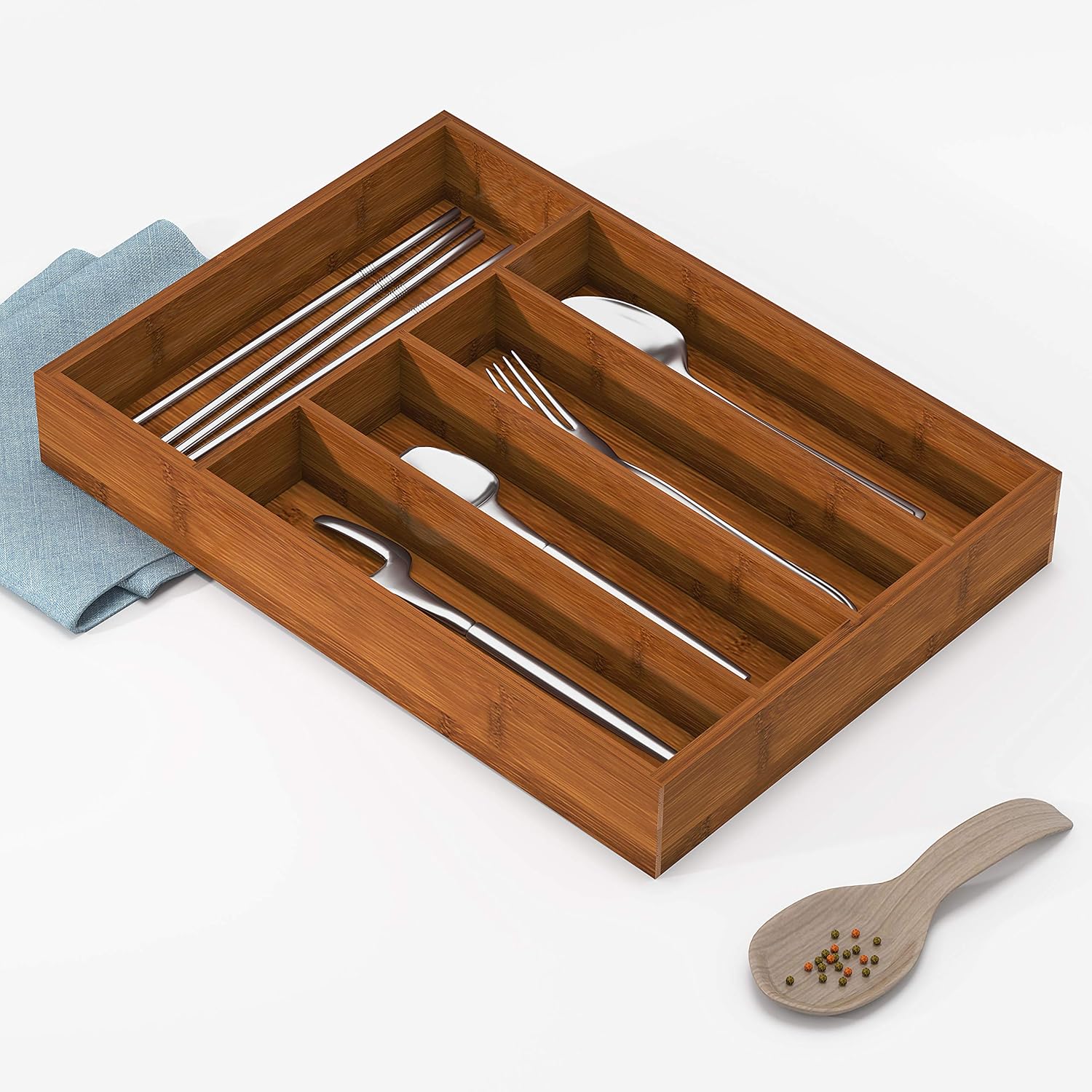 BAMEOS Drawer Organizer Bamboo Silverware Holder, Cutlery Tray Flatware and Utensil Organizer for Knife Spoon Tool Kitchen Garage -