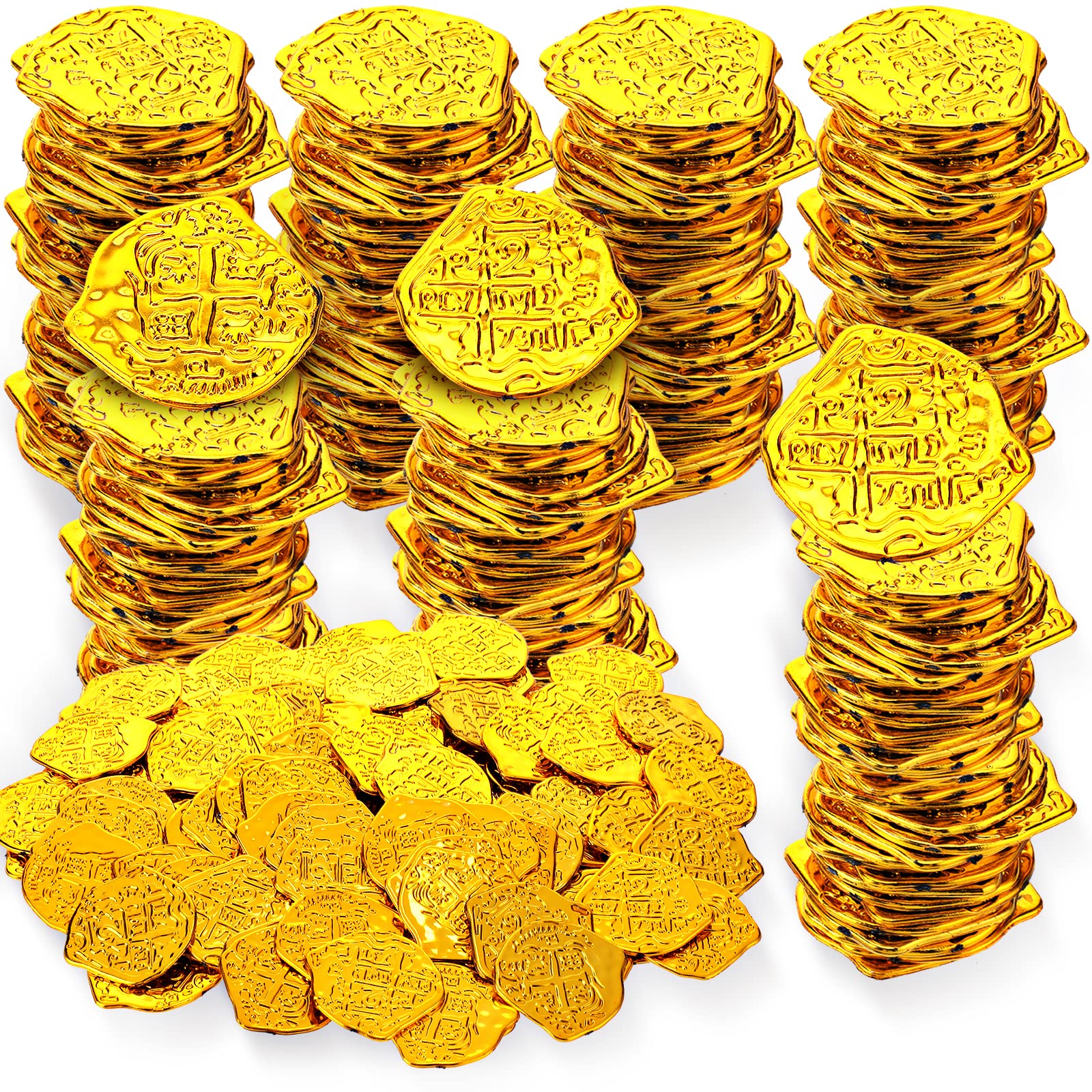 Thinp 100 Pieces Pirate Coins, Plastic Gold Coins Set Fake Play Treasure Hunt Toys Party Favors Supplies Chest Board Games Tokens Cosplay (547191_1-SD)