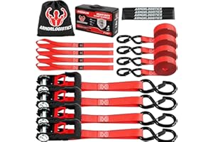 ARMORLOGISTICS Ratchet Straps (4 Pack) - 1in x 15ft Motorcycle Strap Tie Downs with 15ft Soft Loops - 2,100lb Break Strength Ratchet Tie Down Straps for Motorcycles, Truck, Cargo - Safety S Hook, Storage Bag
