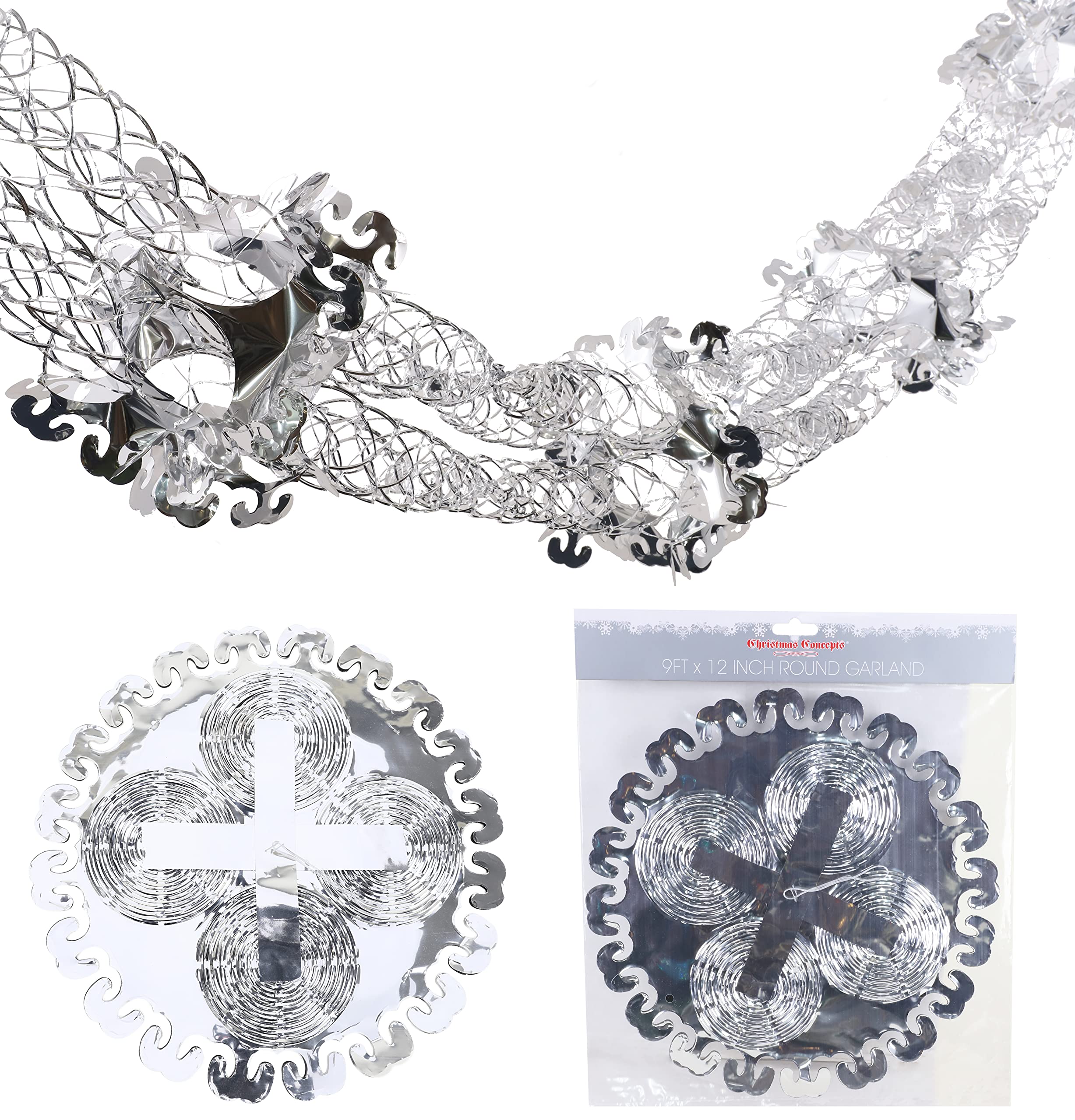 Christmas Concepts® 9ft x 1ft Large Round Foil Garland Festive Hanging Decorations – Christmas Trimming (Silver)