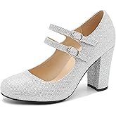 Women's Mary Jane Pumps, Double Strap, Chunky Block High Heel, Round Toe, 3.54 Inch Dress Shoes