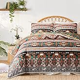 Tititada 3 Pieces Colorful Bohemian Quilt Set Full Queen Size, Brown Boho Striped Printed Bedding Bedspread Coverlet Set for Summer, Soft Lightweight Microfiber Quilt with 2 Shams (88x88 inces)