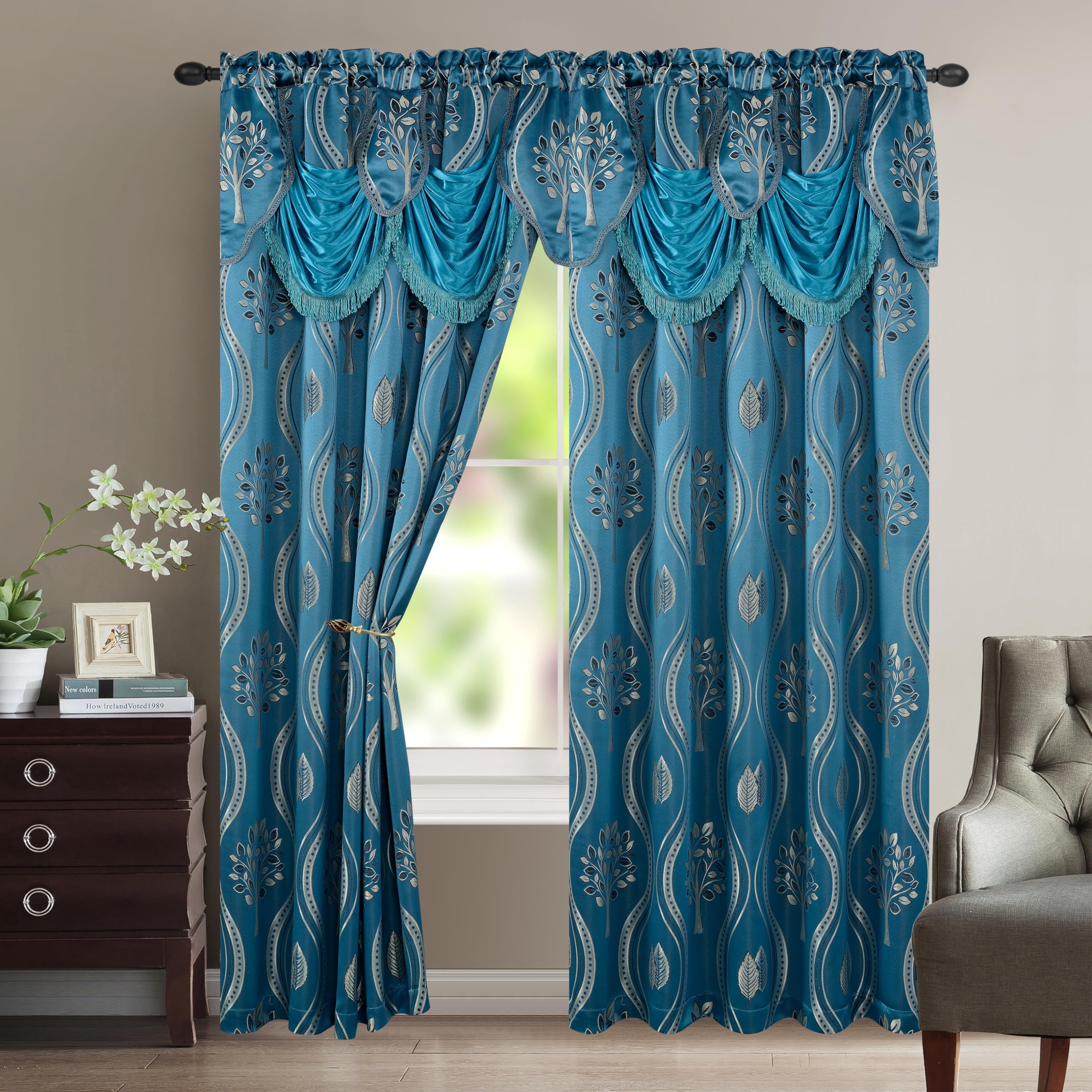 Elegant Comfort Luxurious Beautiful Curtain Panel Set with Attached Valance and Backing 54" X 84 inch (Set of 2), Navy Blue — image 1