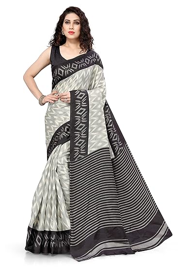 Womens Khadi Silk Ikat Dye Pattern Printed Saree With Blouse Piece (12502-Grey)