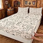 Western Cowboy Kids Fitted Sheet Twin Size,Cow Skull Horseshoe Cactus Rustic Bedding Set,Boys Girls Adults Bedroom Decor,Cowboy Boot Hat Farmhouse Bed Cover,Retro Bed Sheet,1 Pillowcase(No Flat Sheet)