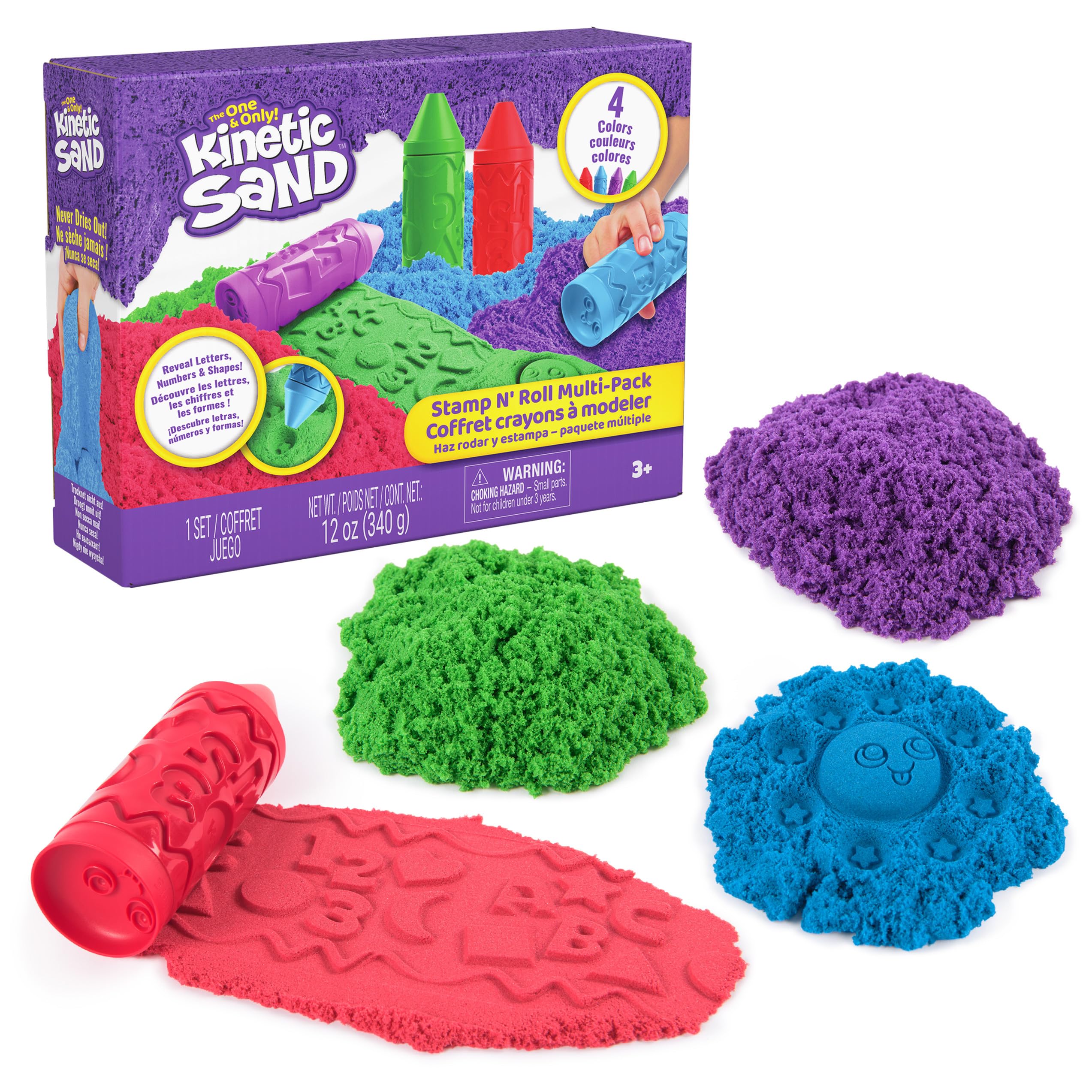 Kinetic Sand, Stamp N' Roll Crayon Multi-Pack, Easter Basket Stuffers, Includes 12 oz (4 Colors) Moldable Play Sand, Toddler Toys, Arts and Crafts for Kids