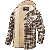 CRYSULLY Men's Flannel Jackets Sherpa Fleece Lined Hoodies Soft Warm Plaid Shirt Jacket Cotton Button Winter Coat with Hood