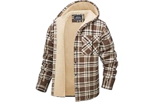 CRYSULLY Men's Flannel Jackets Sherpa Fleece Lined Hoodies Soft Warm Plaid Shirt Jacket Cotton Button Winter Coat with Hood