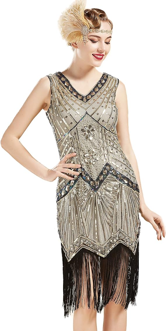 Robe Flapper Années 20 à Sequins Et Franges - Style Charleston Pour Soirée, Bal, Fête Gatsby - Robe Pailletée Cocktail