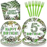 96Pcs Reptile 5th Birthday Party Supplies Lizard Snake Turtle Birthday Party Plates and Napkins Green Reptile 5 Years Old Tableware Set for Tropical Wild Greenery Decoration Favors Serves 24