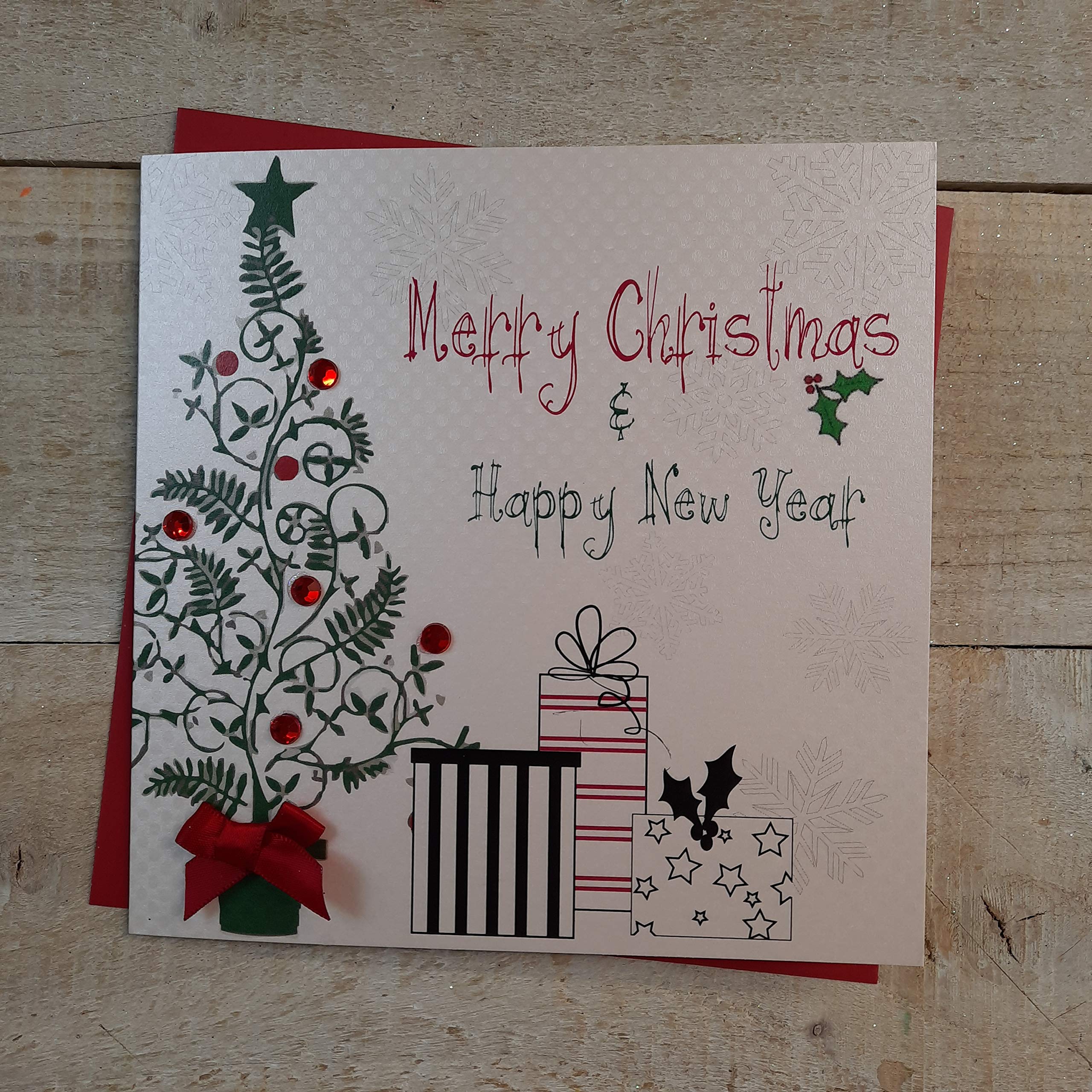 White Cotton Cards Merry Happy New Year Handmade Christmas Card (Tree & Presents Code fp1)