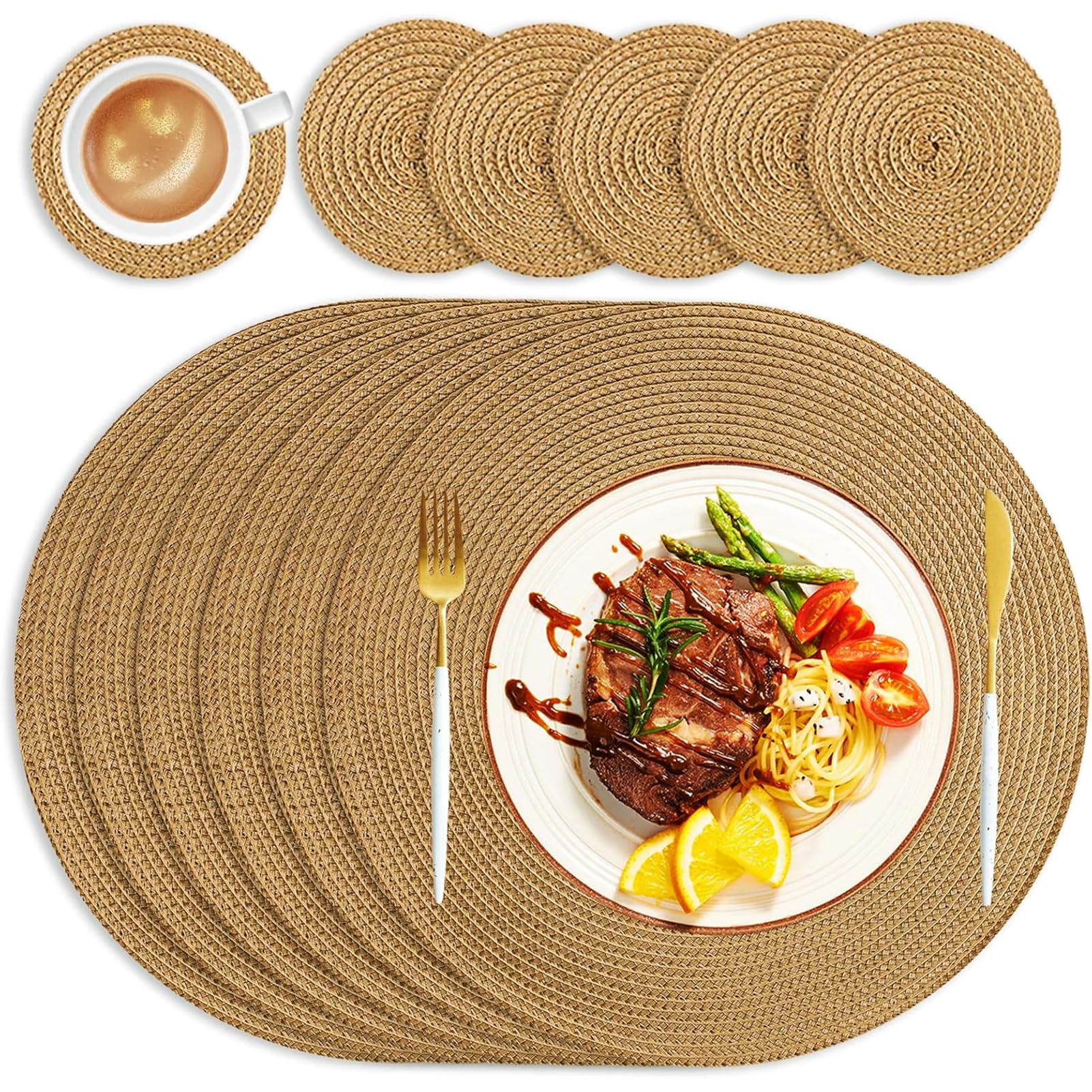 wiipara Round Woven Placemats Set of 6 Heat Resistant Round Braided Table Mats, 34 cm Washable Table Placemats and Coaster Sets for Dining Kitchen, Party, Wedding (Golden Brown) — image 1