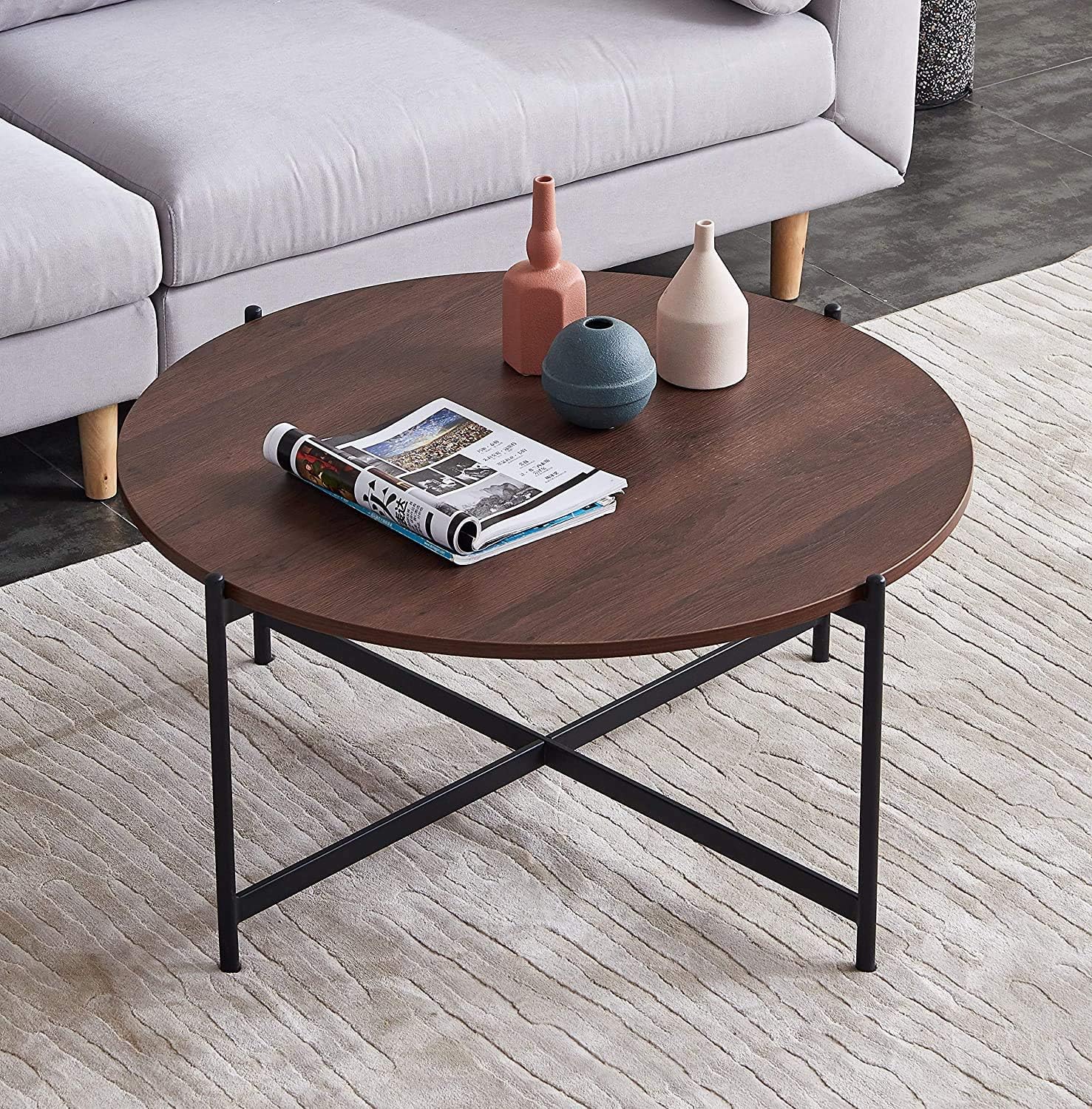 Round Nesting Coffee Tables, Wood Desktop with Marble