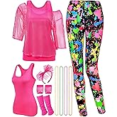 Jadive 12 Pcs 80s Costume Outfits Accessories for Woman Party Fishnet Shirt Legging Vest Hairband Necklace Gloves Leg Warmer
