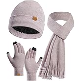 Women's Winter Knit Beanie Hat Touchscreen Gloves Long Neck Scarf Set Warm Soft Knit Beanie Cap for Cold Weather