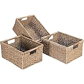 Large Wicker Basket Rectangular with Wooden Handles for Shelves, Seagrass Basket Storage, Natural Baskets for Organizing, Wicker Baskets for Storage - 3 Pack Large