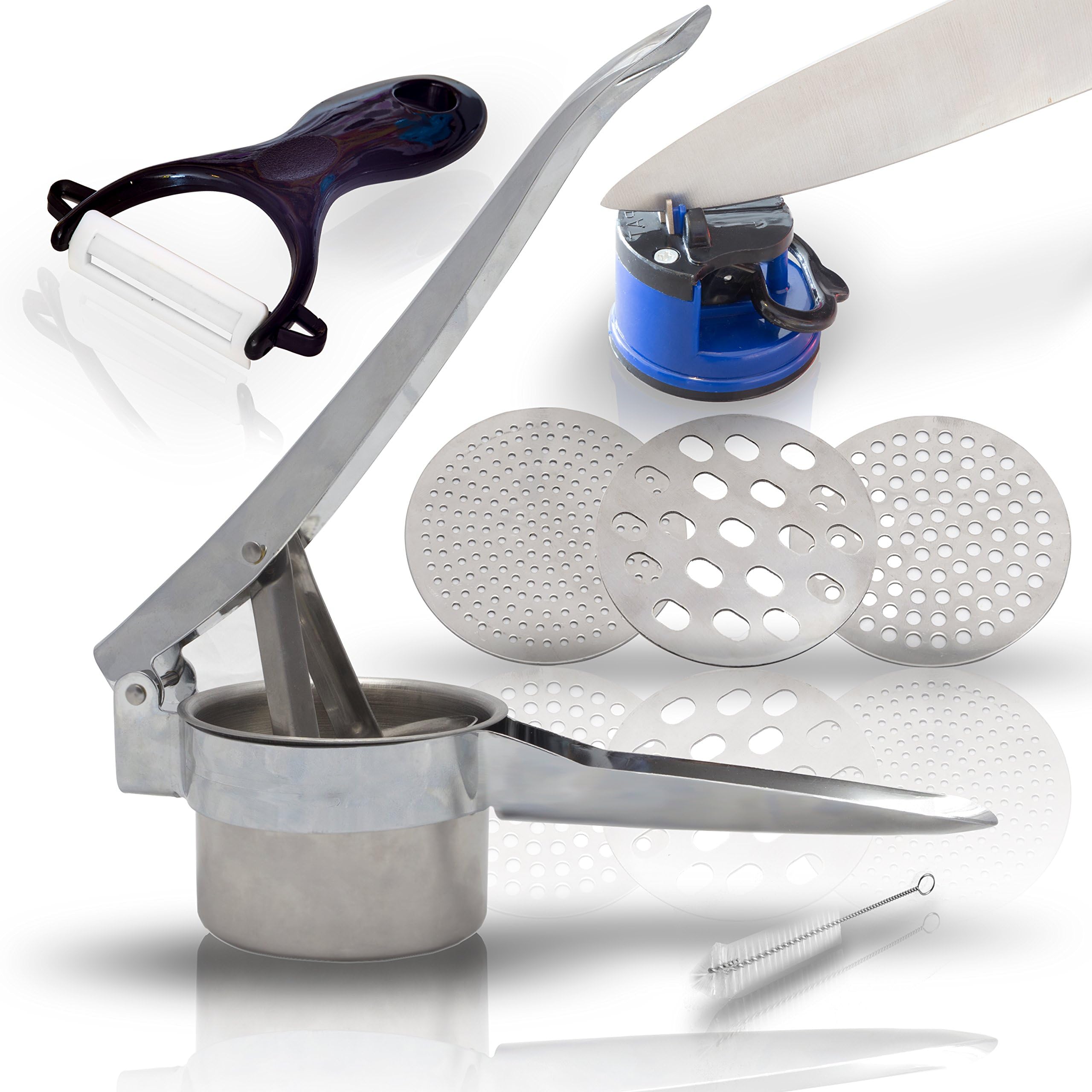 MashDelight Potato Ricer and Masher, Top Rated sweet mash, 100% stainless steel with 3 Interchangeable Fineness Discs press