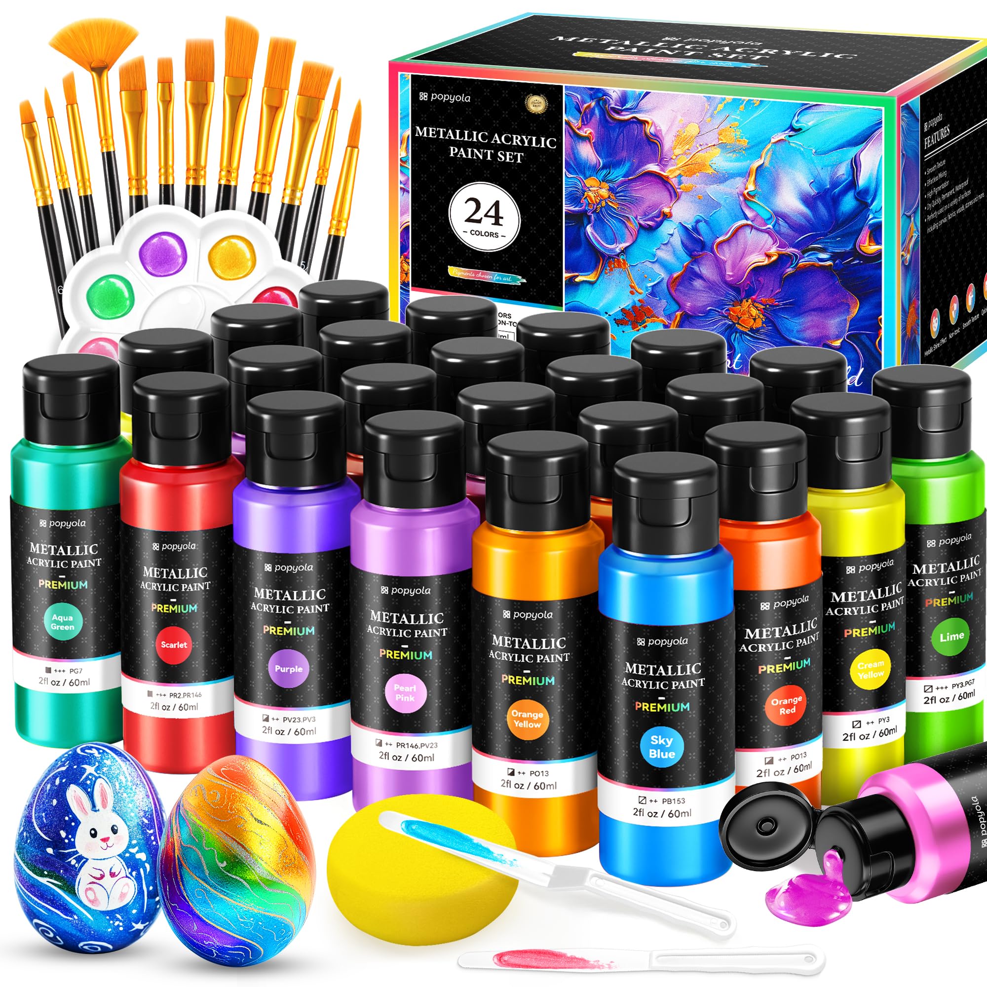 Photo 1 of 40 PCS Metallic Acrylic Paint Set with 12 Brushes, 2 Knives, Palette & Sponge, 24 Colors (2oz/60ml) Art Craft Paint for Adults Kids Artists Beginners, Canvas Ceramic Rock Eggs Paint Kit Art Supplies