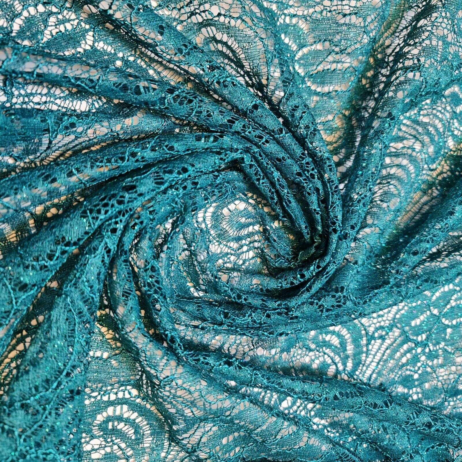 Cord Lace Crochet Glitter Embroidery Floral Bridal Dress Craft Fabric 58" (Pre Cut 1 Meter) (Turquoise)