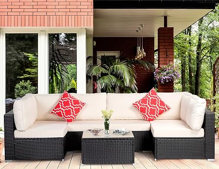 Amazon Com Polaris Garden 7 Piece Outdoor Patio Furniture Set Black Pe Rattan Wicker Sofa Set Outdoor Sectional Conversation Furniture Chair Set With Cushions And Tea Table Garden Outdoor