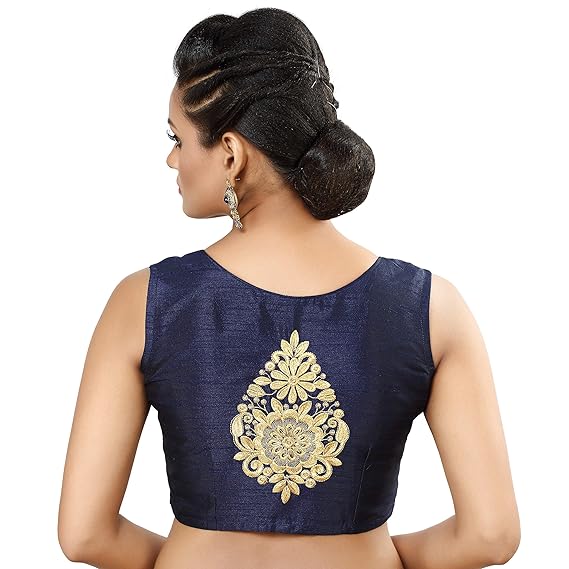 Womens Poly Raw Silk Embroidered Sleeveless Readymade Saree Blouse