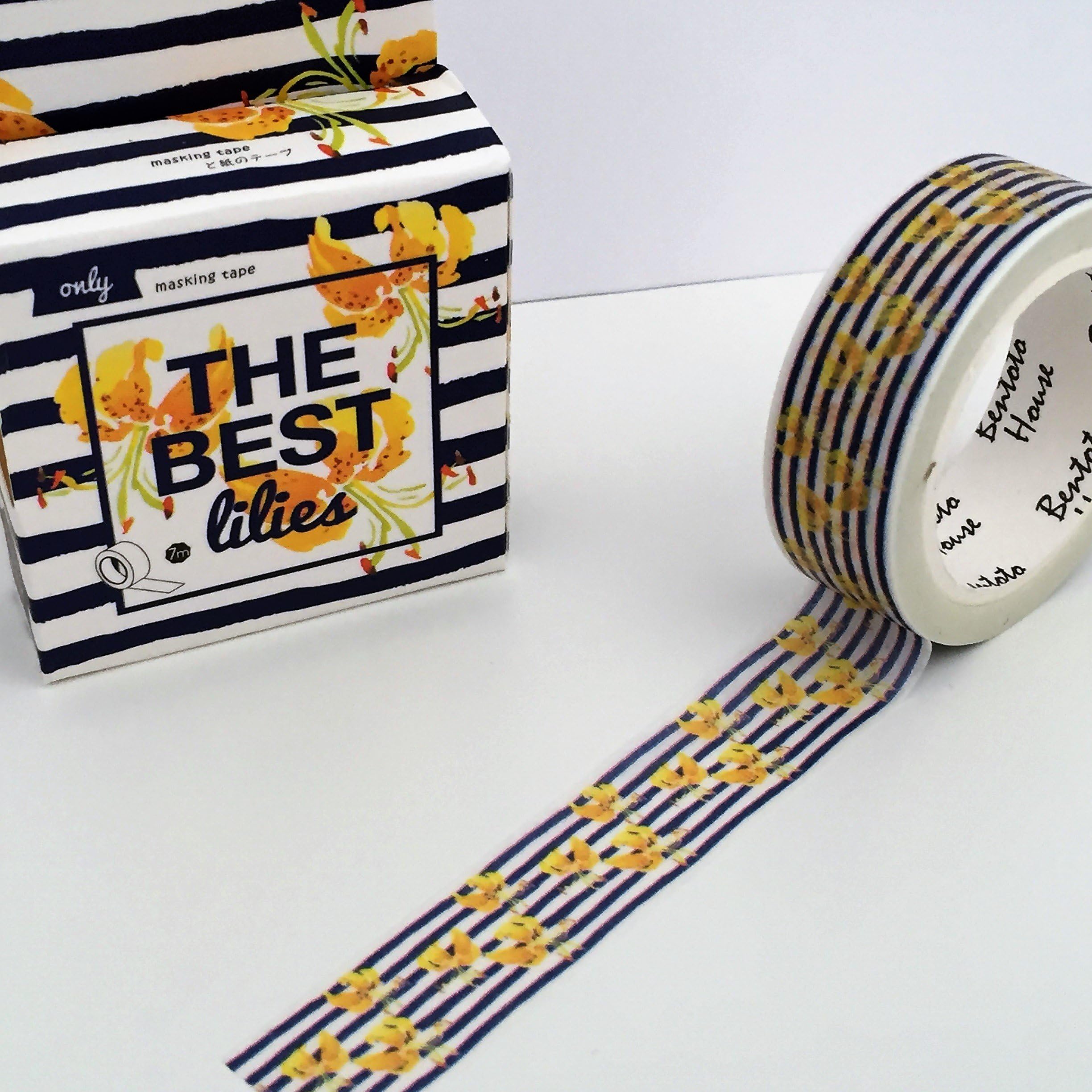 The Best Lilies Summer Floral Washi Tape Roll - Yellow Floral Navy Stripe - 15mm x 7m Masking Tape