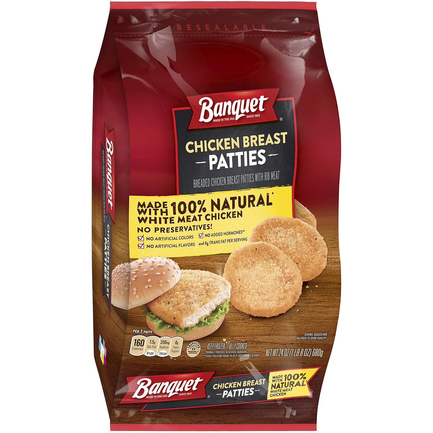 Banquet Chicken Breast Patties, Frozen Meat, 24 OZ Grocery