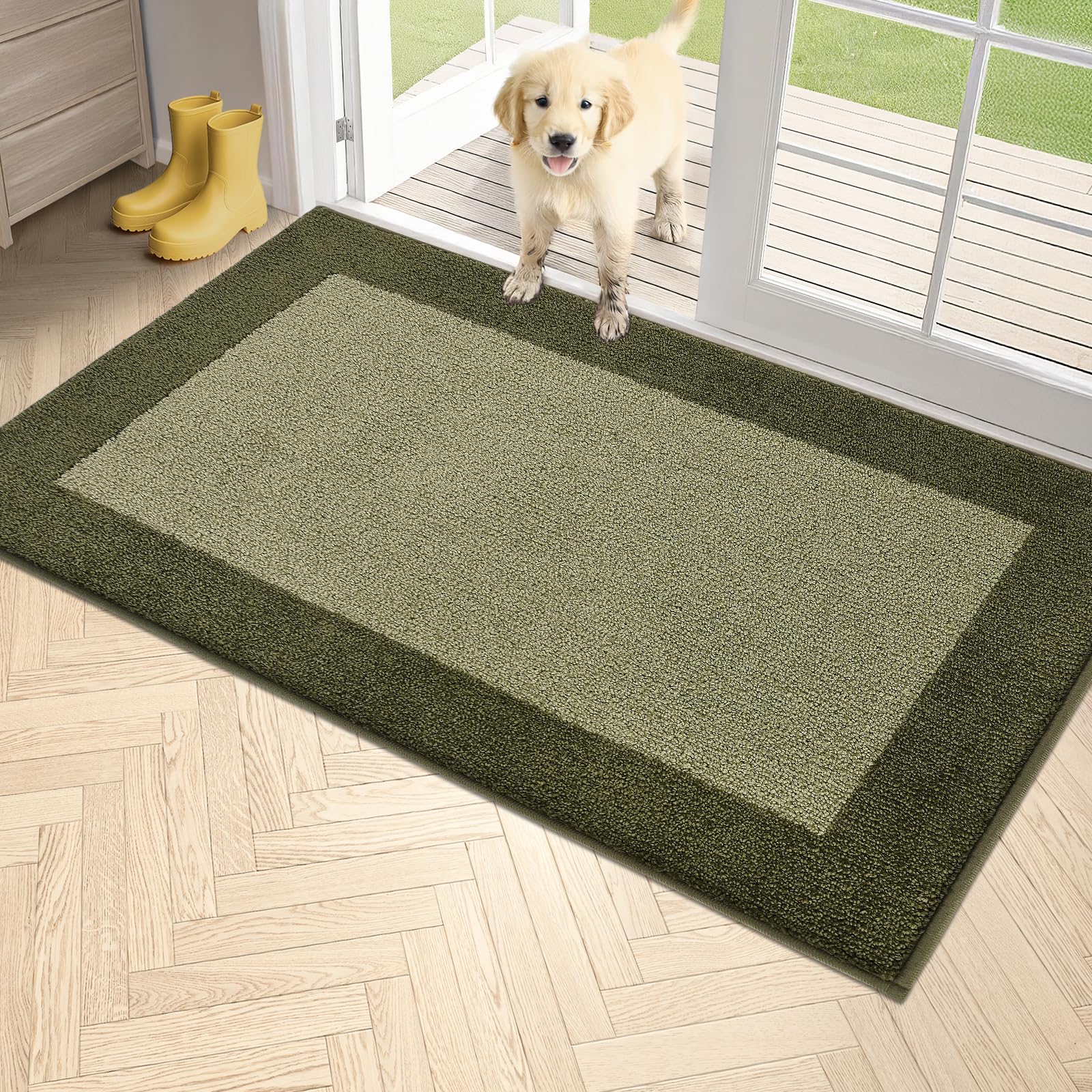 Photo 1 of PURRUGS Dirt Trapping Door Mat 34" x 60", Non-Slip/Skid Machine Washable Entryway Rug, Shoes Scraper, Throw Rug, Super Absorbent Area Rug for Muddy Wet Shoes and Paws, Budding Green & Sage Green