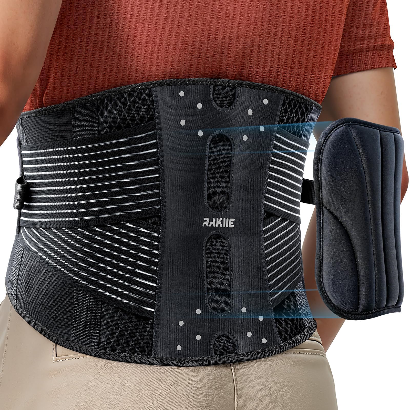 Photo 1 of Rakiie Thin Back Brace, 6X Metal Lower Back Support for Men Women, Lightweight Lumbar Support with 3D Pad, Breathable Support Belt for Herniated Disc, Sciatica Pain Relief, Gray Size XL
