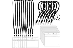 LOCONHA 100Pcs Clear Plastic Horizontal Name Tags Badge ID Card Holders and 100Pcs Black Lanyards with Clip lanyards for id Badges (Black)