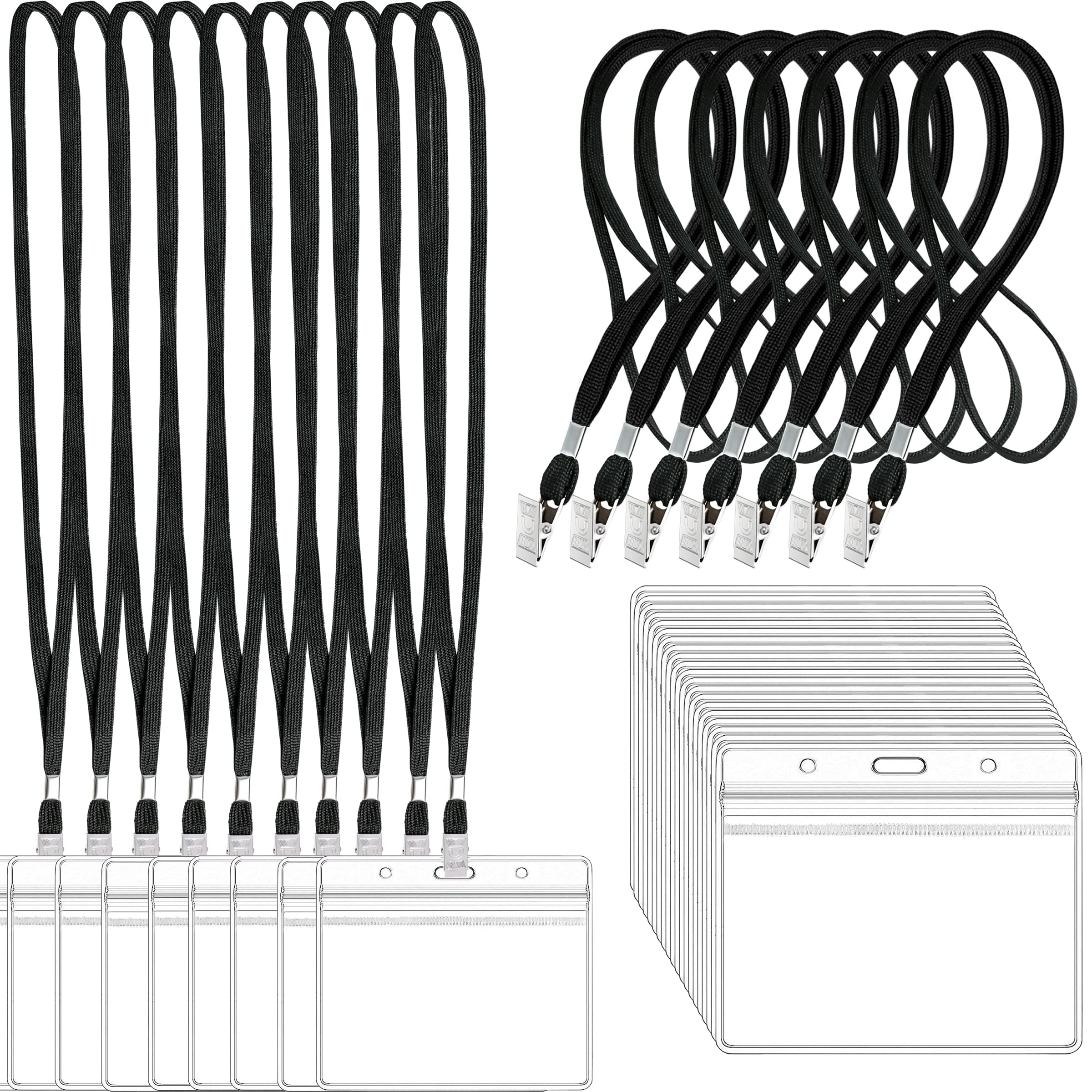 Photo 1 of 100Pcs Clear Plastic Horizontal Name Tags Badge ID Card Holders and 100Pcs Black Lanyards with Clip lanyards for id Badges (Black)
