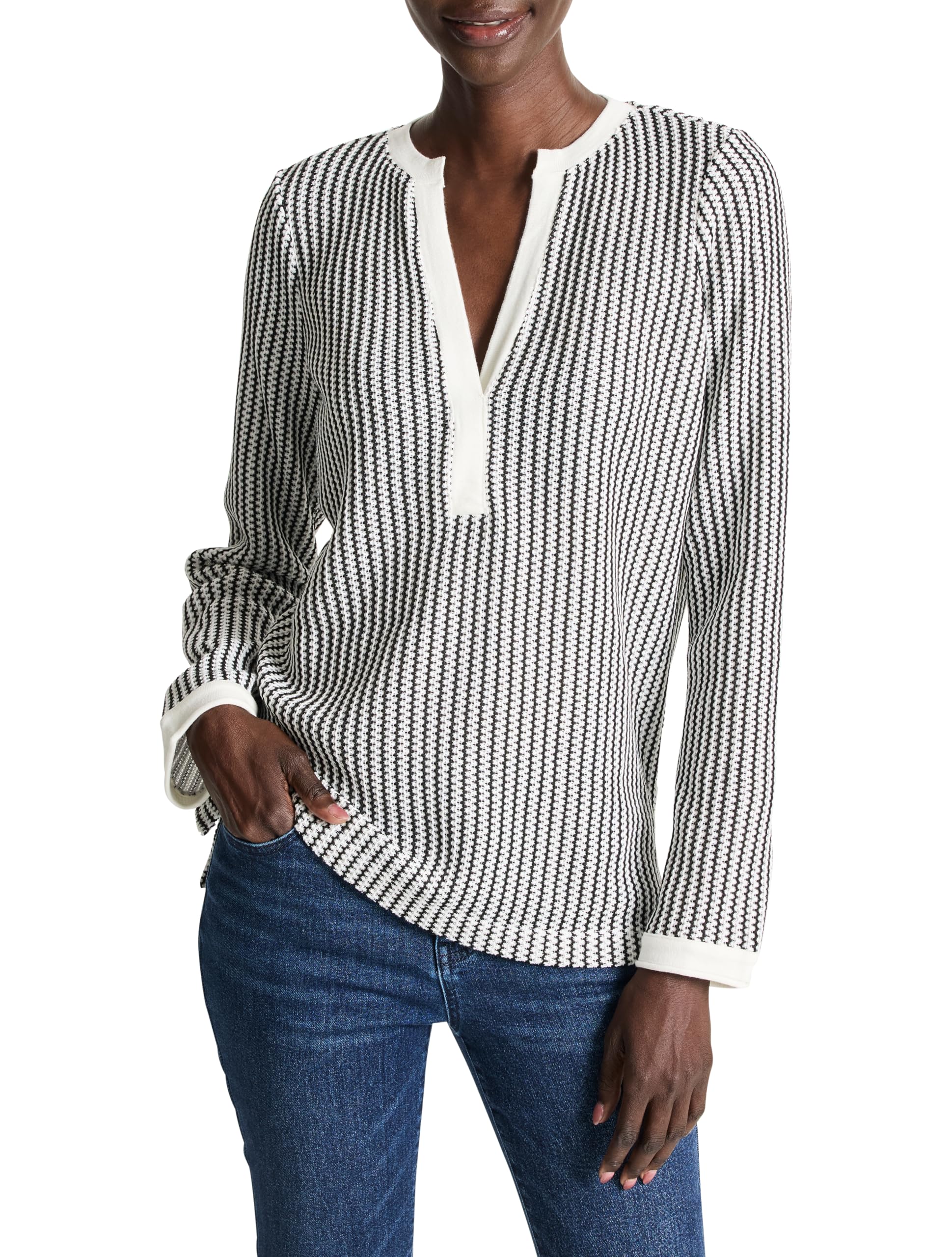Photo 1 of NIC+ZOE Women's Petite Zig ZAG Split Neck TOP, Indigo Multi