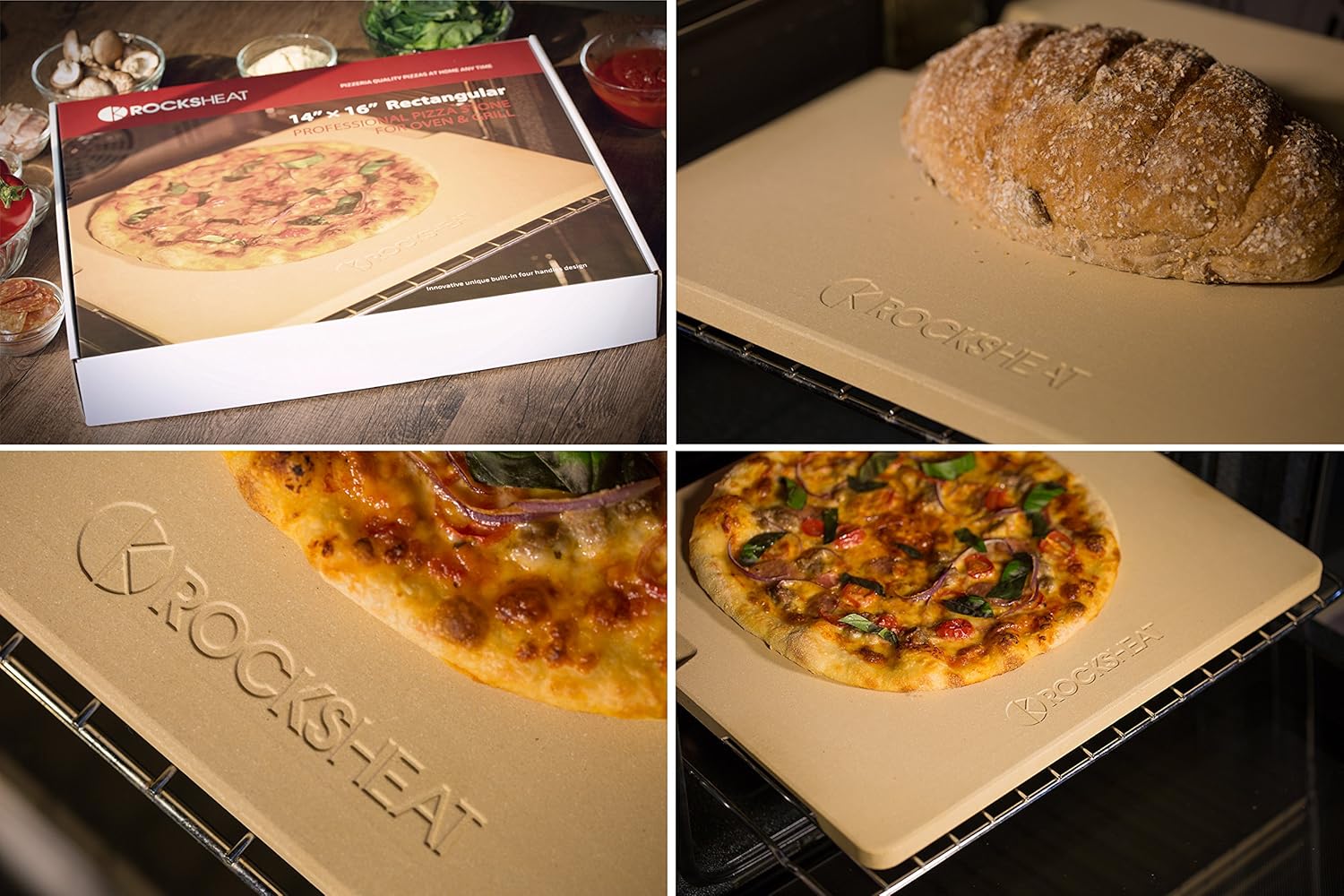 Pizza Stone Baking & Grilling Stone, Perfect for Oven, BBQ and Grill. Innovative Double - faced Built - in 4 Handles Design (14" x 16" x 0.67" Rectangular) : Garden & Outdoor