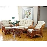 Jam Lounge Set of 4: 2 Natural Rattan Wicker Chairs, Loveseat with Cream Cushions and Coffee Table w/Glass Handmade, Colonial