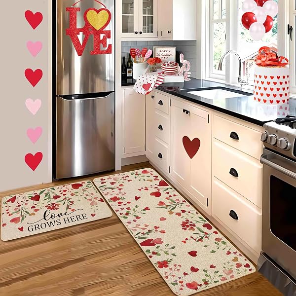 BACCESSOR VALENTINES DAY KITCHEN MATS SET OF 2, FLORAL LEAF RED LOVE HEART KITCHEN RUGS ROMANTIC KITCHEN MATS FOR FLOOR NON SLIP ANNIVERSARY WEDDING PARTY HOME DECOR 17X29 AND 17X47 INCH