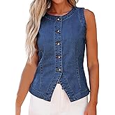 luvamia Denim Vest for Women Sleeveless Strechy Jean Vest Top Button Down Crewneck Casual Summer Western Waistcoat